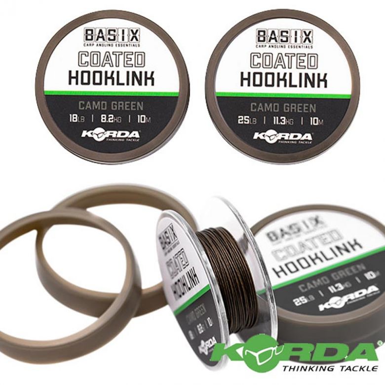 Bas De Ligne Korda Basix Coated - Tresse Revêtue Douce, Camouflage Vert - Résistance 11.3kg - Pour Pêche à La Carpe - 6